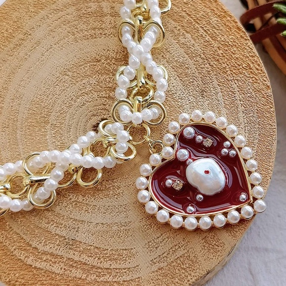 “Red Heart Sea of Pearls” Flake Shard Float Drift Love Romance Ocean Necklace - Picture 8 of 16